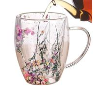 Tazas de café de doble pared de de cappuccino, 350 ml, resistentes al calor, tazas transparentes con asa, diseño de flores secas integradas, tazas de café para latte, capuchino, bolsas de té