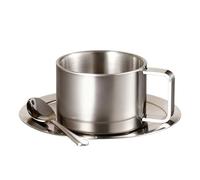 Tazas de café de metal | 200 ml doble pared antiderrame con cuchara | Taza de té y platillo | para golf, patio, balcón, patio, exterior, jardín, parque, casa, picnic, fiesta, whisky, cerveza