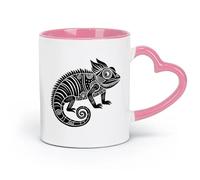 Tazas de café de porcelana de cerámica con diseño de camaleón lagarto con patrones tribales (320 ml) para café, té, café con leche, leche, cacao, jugos y otras bebidas calientes en color rosa.