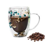 Tazas de café de vidrio de doble pared de flores secas, 350 ml, tazas de café de vidrio aislado, taza de té de flores, bonitas tazas de té con asas, para mujeres, amigas, maestras, madres, nuevas