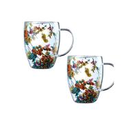Tazas de Café de Vidrio Transparente de Doble Pared Tazas de Vidrio Transparente con Asa Taza de Vidrio con Doble Aislamiento con Flores para Agua