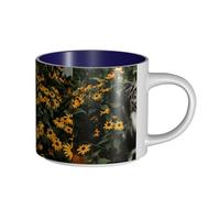 Tazas de café, desayuno, avena, leche, taza de té, taza de cerámica grande, perro border collie feliz, flores,Azul marino,Talla única