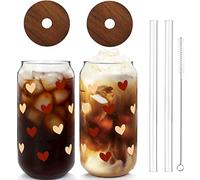 Tazas de café helado, tazas de San Valentín, regalos para ella, taza de vidrio de corazones de 18 onzas, vasos de vidrio con tapas de bambú y popote, vasos de vidrio con corazón marrón, 2 juegos