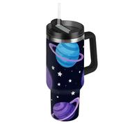 Tazas de café reutilizables al vacío con tapa y pajita, diseño de planeta espacial de dibujos animados, coloridas tazas de café decorativas con tapa y asa para el hogar, la oficina o el coche, termo