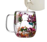 Tazas De Flores Secas,Taza De Té De Vidrio De Flores Secas | taza de vidrio con diseño de flores secas para café | Taza de café seca resistente al calor de la taza de la flor del arte doble de la pare