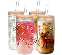 Tazas de tarro de Navidad de 24 onzas con tapa y pajita, vasos de Navidad, vasos de café, tarros de galletas, decoración de cristalería, botellas de agua, decoración del hogar, regalo para mujeres,