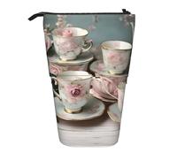 Tazas de té con rosas, bolsa telescópica para lápices de pie, bolsa de papelería, bolsa de maquillaje, estuche de almacenamiento, Black, Talla única