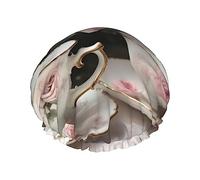 Tazas de té con rosas, gorro de ducha romántico con estampado desgastado para mujer, ligero, reutilizable, suave, doble capa impermeable, a prueba de fugas.