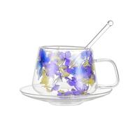 Tazas de té de vidrio, flores secas, vidrio de doble pared, taza de café de flores transparentes de 250 ml con asa, taza estética con flores secas, vaso de café doble aislado para esp caliente y frío