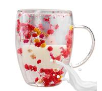 Tazas de vidrio con asas, vasos de doble pared,Taza de té de tazas de vidrio anticombustión - Flores secas de doble capa Aislamiento térmico Taza de café de vidrio para cumpleaños Newja