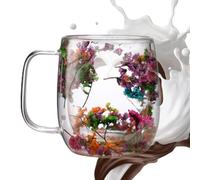 Tazas De Vidrio De Doble Pared,Taza De Té De Flores | Taza de té de doble pared con flores secas y café, de café seca resistente al calor de la taza de la flor del arte doble de la pared para