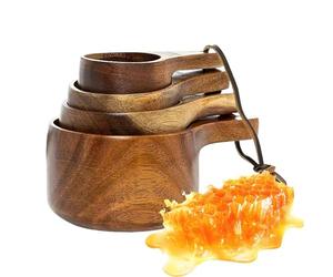 Tazas medidoras de madera - 9-13,5 cm Granja de madera Pala de café | Granos de café Azúcar Sal Especias Cucharadas, Hecho con un brillo suave, Cuchara de especias para ollas, Miel de haya