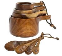Tazas medidoras de madera, juego de 8 tazas y cucharas medidoras de madera, cucharas ecológicas y con orificio para colgar para hornear, cocinar, especias, café, té, leche en polvo