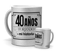 Tazas Originales | 40 Años Forjando Mi Historia | Sorpresa de 40 Cumpleaños | Mensaje Auténtico | Cerámica Purpurina Plata | Tazas de Café, Té o Infusiones | Tazas Hombre Feliz Cumpleaños | 350 ML