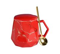 Tazas Originales Taza De Café De Cerámica De 420 Ml Con Diseño De Mármol Y Corte De Diamante, Ideal Para El Hogar Y La Oficina, Con Tapa Y Cuchara, Caja De Regalo, Color Rojo.