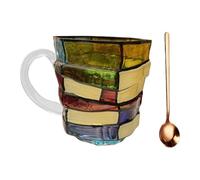 Tazas pintadas a mano, taza de libro estético, 5.1 x 3.9 pulgadas con cuchara, tazas de café de vidrio transparente, tazas artísticas con estilo de libro 3D, taza de té para lectores y escritores