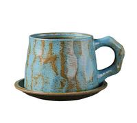 Tazas y platillos de café retro de cerámica gruesa de 300 ml con simplicidad y creatividad europea, azul cielo