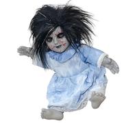 TAZIZI Figura de muñeca aterradora con cara iluminada y efecto de sonido aterrador, decoración de muñeca sentada aterradora, sonidos aterradores