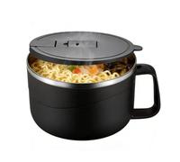 Tazón aislado de acero inoxidable para horno microondas con asa, cuenco portátil para fideos, con tapa, soporte para teléfono y cubiertos (negro)