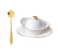 Tazón de Cerámica Blanco para Postres, Hornear y Servir Frutas | Vajilla de Cerámica, Anti Deslizante, Incluye Plato y Cuchara, para Ingredientes de Cocina y Desayuno