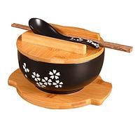 Tazón de cerámica Sakura Ramen - 5 piezas tradicionales japonesas grandes de 1000 ml para sopa, fideos, arroz, cuencos con tapa, cuchara, palillos, bandeja de bambú, juego de vajilla en caja de regalo