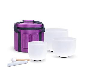 Tazón De Cristal De Cuarzo Helado 440Hz 3 PCS 8"B 10"E 12"C, Con Estuche De Transporte Pesado, Mazo De Goma, Palo De Gamuza, Juntas Tóricas, For Meditación, Yoga, Curación De Sonido