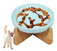 Tazón de gato elevado con soporte de madera de cerámica contenedor de alimentación lenta 6,4 × 1,14 pulgadas de alimentación antivomitador para mascota(Verde)