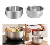 Tazón de lavado de arroz de acero inoxidable para cocinar al aire libre con orificios de drenaje, boquilla de goteo y separación de agua de doble capa (S)