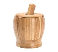 Tazón de piedra para moler Juego de mortero y maja bambú con tapa Prensa ajo Trituradora jengibre Especias molienda Picadora Hierba Masher Grinder Chopper Herramienta cocina(Medio)