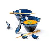 Tazón de ramen, 2 × 600 ml (8 piezas) Cuencos con Cucharas y Palillos, Cuencos de porcelana para Sopa, Udon, Pasta, Ensalada y Cereales, Cerámica de Estilo Japonés, Apto para lavavajillas - Azul