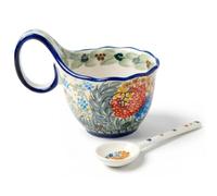 Tazón de sopa con asa Tazas de sopa de cerámica floral de 15 oz con cuchara Tazón de cereal elegante estilo cerámica polaca para helado, refrigerio, guiso, tazas de desayuno con asas