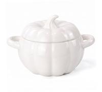 Tazón de sopa con tapa, 1 molde de cerámica con forma de calabaza y asas, blanco