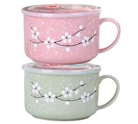 Tazones de sopa con tapas y asas | 2 tazones de sopa con asas, taza de microondas con sellado resistente al calor de 800 ml / 28 oz con tapa Taza de viaje de cerámica floral Wintersweet para ramen, f