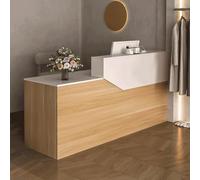 Tazyee Moderno escritorio de recepción con cajón y estantes con cerradura, mostrador frontal de 39.4 a 110 pulgadas para salón, oficina, tienda minorista, vestíbulo, oficina en casa, blanco + madera