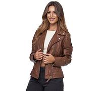 Tazzio Chaqueta de piel moderna y atemporal para mujer en aspecto motero con cuello de solapa F501, marrón, XL