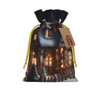 TBABMDPDM Christmas Village House - 4 bolsas de regalo de Navidad estampadas, bolsas de arpillera con cordón, varios tamaños para recuerdos de fiesta