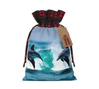 TBABMDPDM Dolphins in the sea - Saco de Papá Noel con estampado de delfines en el mar, bolsa de regalo de lino con cordón, para almacenamiento de paquetes de fiesta de Navidad