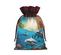 TBABMDPDM Dolphins Sea Turtle Shark Octopus Coral Print Christmas Santa Saco, bolsa de regalo de lino con cordón, para almacenamiento de paquetes de fiesta de Navidad