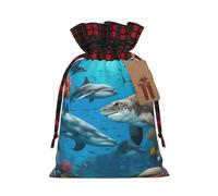 TBABMDPDM Dolphins Sea Turtle Shark Octopus Coral Reef Print Christmas Santa Saco, bolsa de regalo de lino con cordón, para almacenamiento de paquetes de fiesta de Navidad