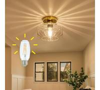 Tbaoinla Elegant semi Flush Mount Ceiling Light fixture with Vintage Textured Glass Brass Metal Base Includes 1200 lumens LED Bulbs Gold Light Fixture Modern Ceiling Light Suitable for Hallway kitchen