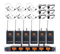 Tbaxo Frecuencia B Sistema de micrófono inalámbrico 6 Canales UHF 6 Lavalier 6 Bodypacks 6 Micrófono de Solapa 6 Auriculares 6 para Sistema de Karaoke Boda Fiesta Reunión Escuela Iglesia Hablar