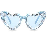 Tbay Gafas de sol azules para novia, para despedida de soltera, con diamantes de imitación, perlas y corazones, para mujer, despedidas de soltera, compromisos, regalos de boda