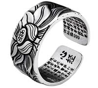 TBEONE Anillo de Plata Maciza 999, Loto Abierto Ajustable, Sutra de Corazón Budista, Tallado para Hombres y Mujeres, Regalo de Joyería Retro