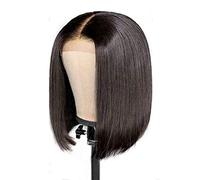 TBEONE Pelucas cortas y lacias con cierre de encaje, pelucas de cabello humano brasileño negro natural, parte media, pelucas de cabello real de aspecto natural (peluca + redecilla)