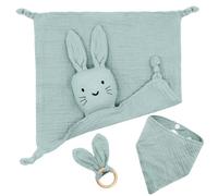 Tbintul 3 piezas de regalos de nacimiento con paño de conejo y mordedor de madera y babero, regalo para bebé niño niña verde