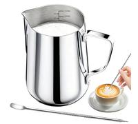 Tbintul Jarra de leche de acero inoxidable, 600 ml, espumador de leche de mano con lápiz decorativo y escala, jarra de leche barista, jarra de leche ideal para espresso, capuchino, latte, plata