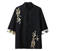 TBloevwlh Traje Tang Hombres Algodón Camisa de Lino de Bambú Hoja Bordado Camisa de Bordado Estilo Chino Disco Hebilla Camisa de Manga Corta Botón Abajo Camisa de Verano Ligera Artes Marciales Tai Chi