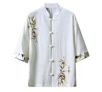 TBloevwlh Traje Tang Hombres Algodón Camisa de Lino de Bambú Hoja Bordado Camisa de Bordado Estilo Chino Disco Hebilla Camisa de Manga Corta Botón Abajo Camisa de Verano Ligera Artes Marciales Tai Chi