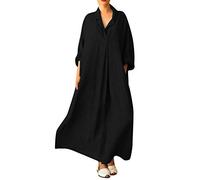 TBloevwlh Vestido de lino de algodón para mujer, de gran tamaño, cuello alto, con cuello en V, manga larga, para vacaciones en la playa, vestido largo suelto, vestido largo y suelto, vestido recto