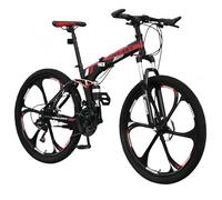 TBMTOAL Bicicleta Plegable De 24 Velocidades,Bicicleta Plegable De Montaña, para Adultos MTB, Altura Ajustable,Neumáticos Engrosados Antideslizantes Y Resistentes Al Desgaste Black and Red,B